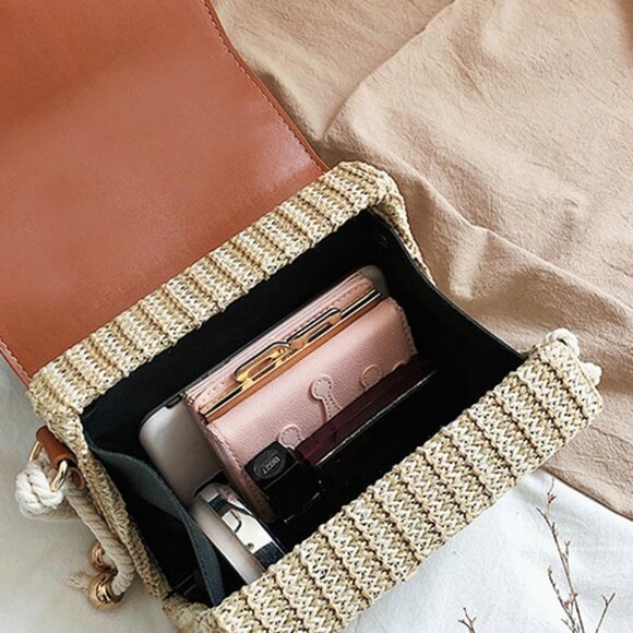 Black Straw Square Beach Bag for Women, Multi-Use Summer Purse - Picture 6 of 6